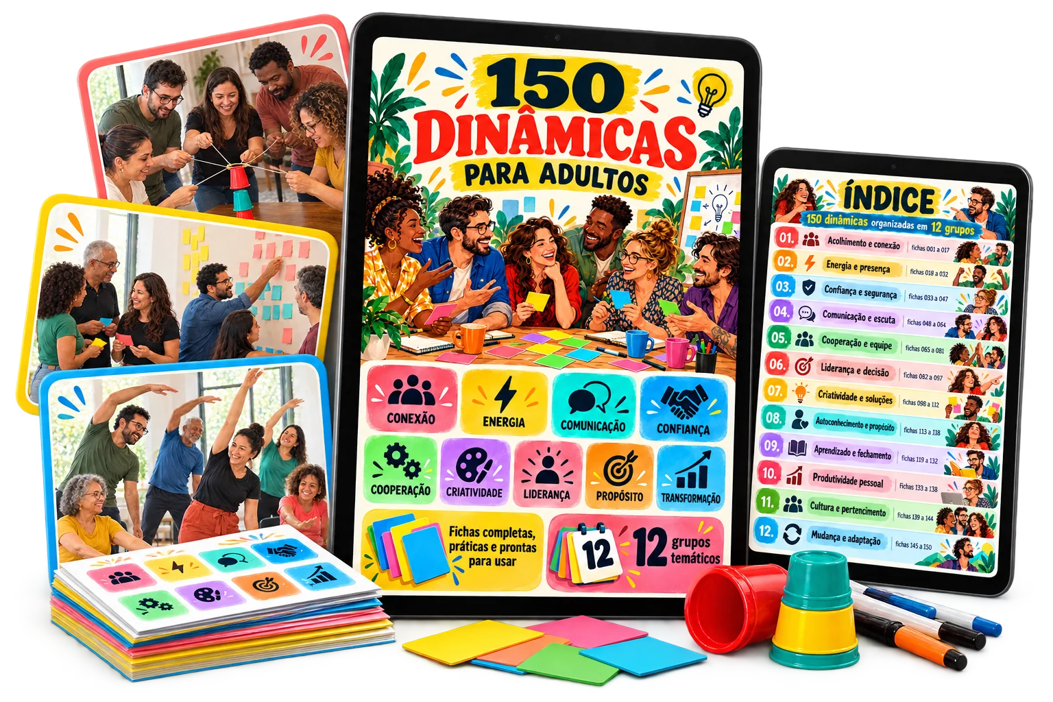 Mockup do material 150 Dinâmicas para Adultos: capa no tablet, índice e fichas impressas